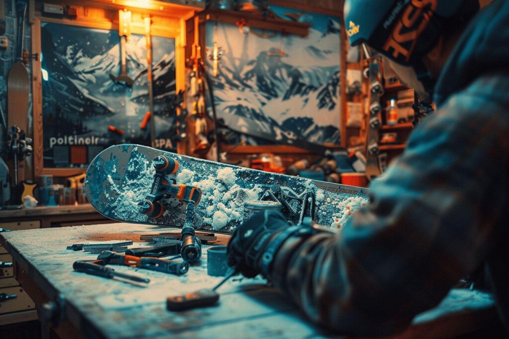 Snowboard enneig&eacute; et outils de r&eacute;paration dans un atelier de montagne