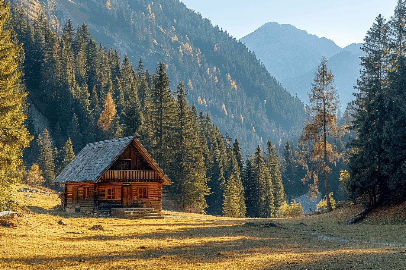 Chalet en bois isol&eacute; dans un paysage montagneux d'automne