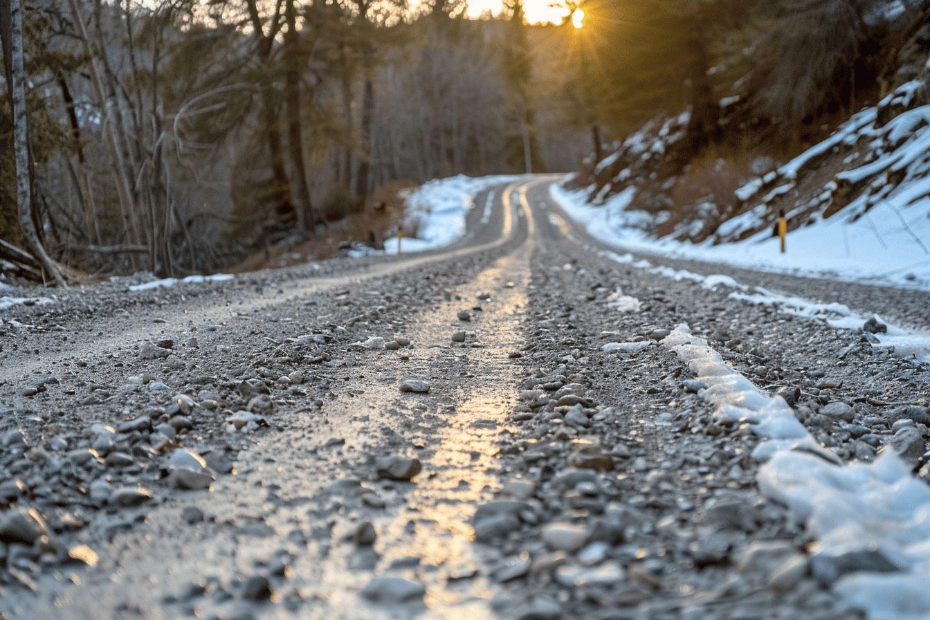 Route enneig&eacute;e traversant une for&ecirc;t au coucher du soleil