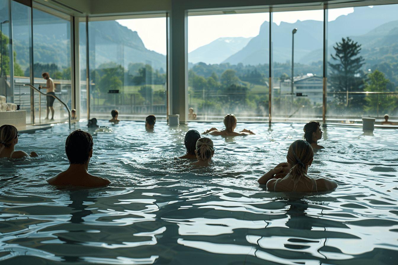 Personnes se d&eacute;tendant dans une piscine int&eacute;rieure avec vue sur la montagne