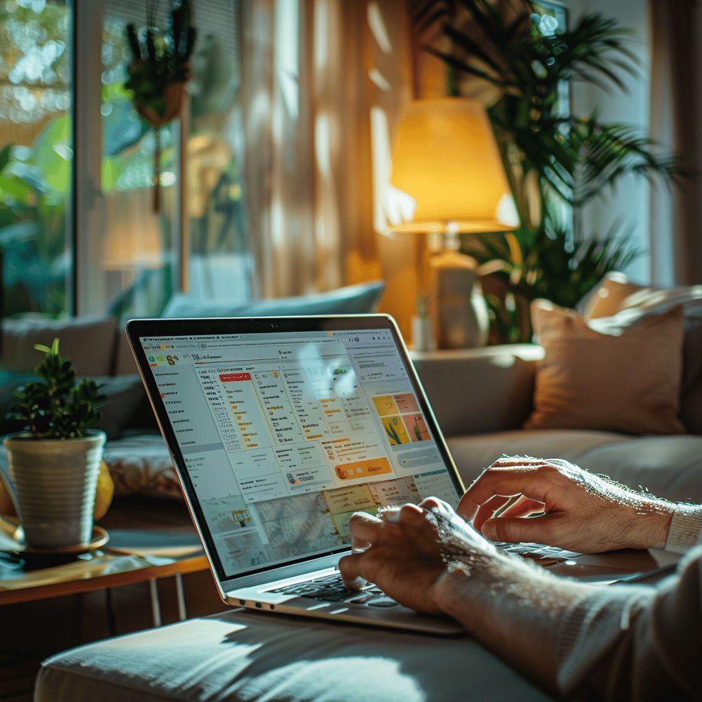 Ordinateur portable sur un canap&eacute; dans un int&eacute;rieur cosy et relaxant