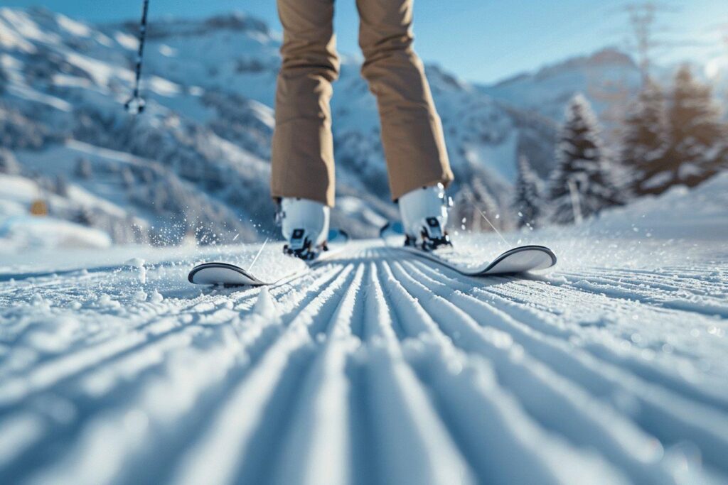 Personne skiant sur une piste enneig&eacute;e dans un paysage montagneux enneig&eacute;