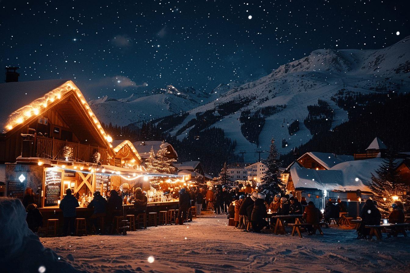 Une foule de personnes profite d'un marché de Noël dans un paysage enneigé sous un ciel étoilé.