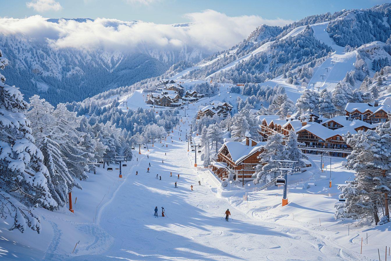 Paysage enneigé d'une station de ski avec montagnes et remontées mécaniques