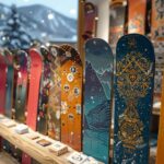 Rangée de snowboards aux designs variés et colorés dans un magasin.