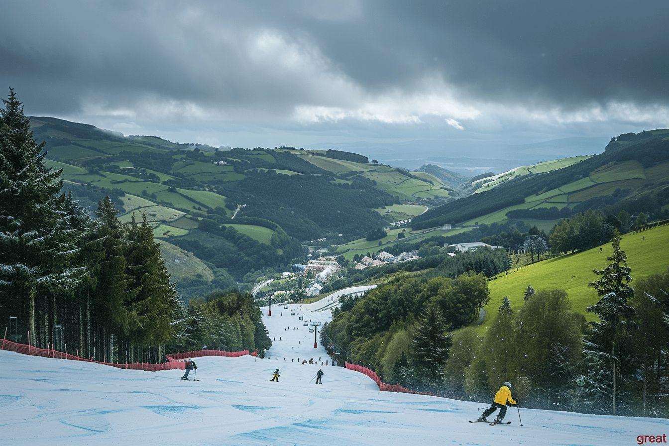Vue sur une station de ski au c&oelig;ur d'un paysage montagneux verdoyant