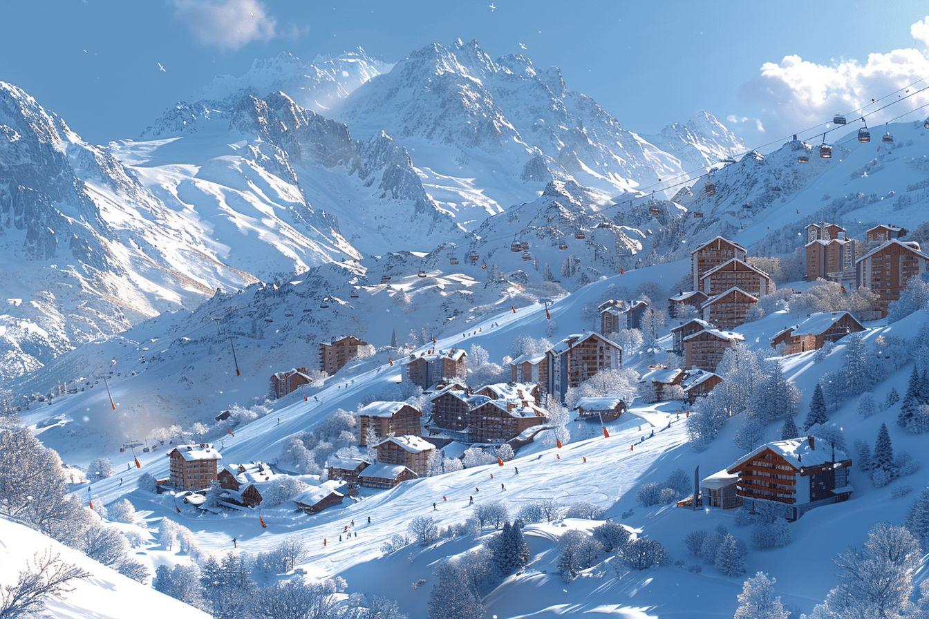 Vue panoramique d'un village de sports d'hiver dans les Alpes enneigées
