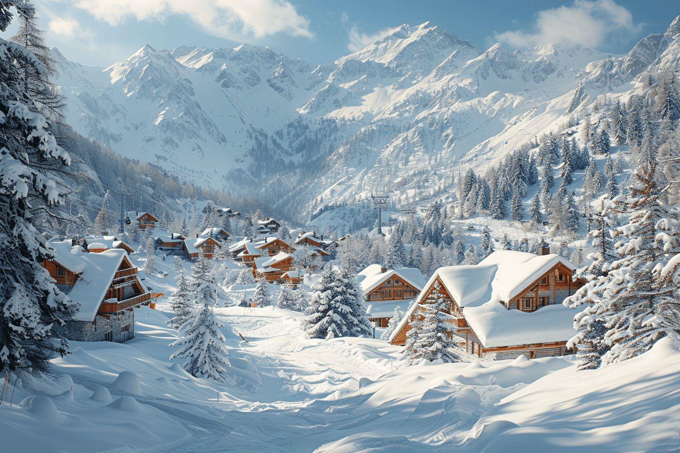 Village de chalets en bois enneigés dans les Alpes suisses