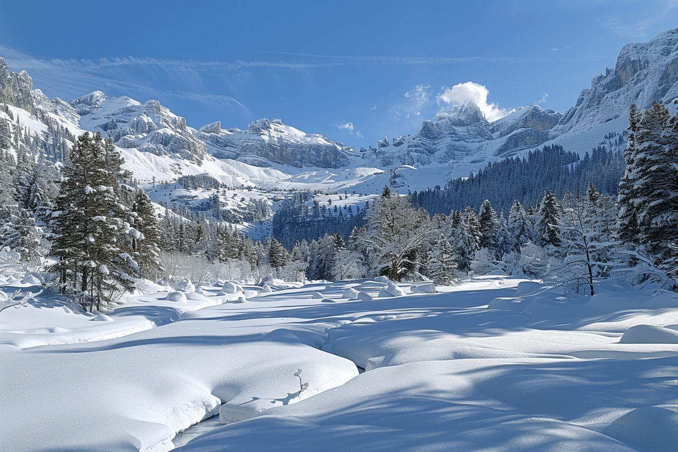 Vall&eacute;e de montagne enneig&eacute;e sous un ciel bleu avec des sommets enneig&eacute;s.