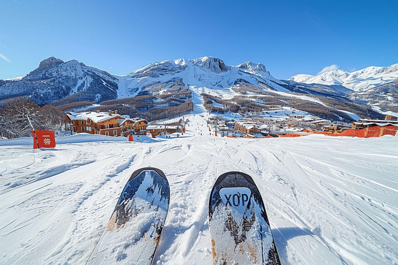 Vue panoramique sur une station de ski enneig&eacute;e avec montagnes enneig&eacute;es &agrave; l'arri&egrave;re-plan.