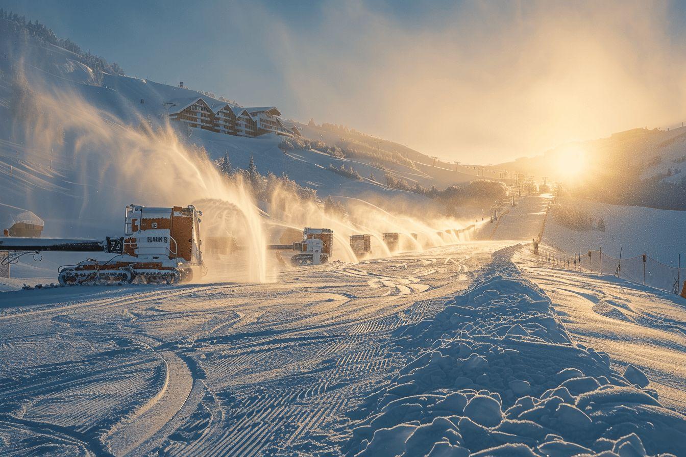 Engins de damage nivelant la neige sur une piste de ski