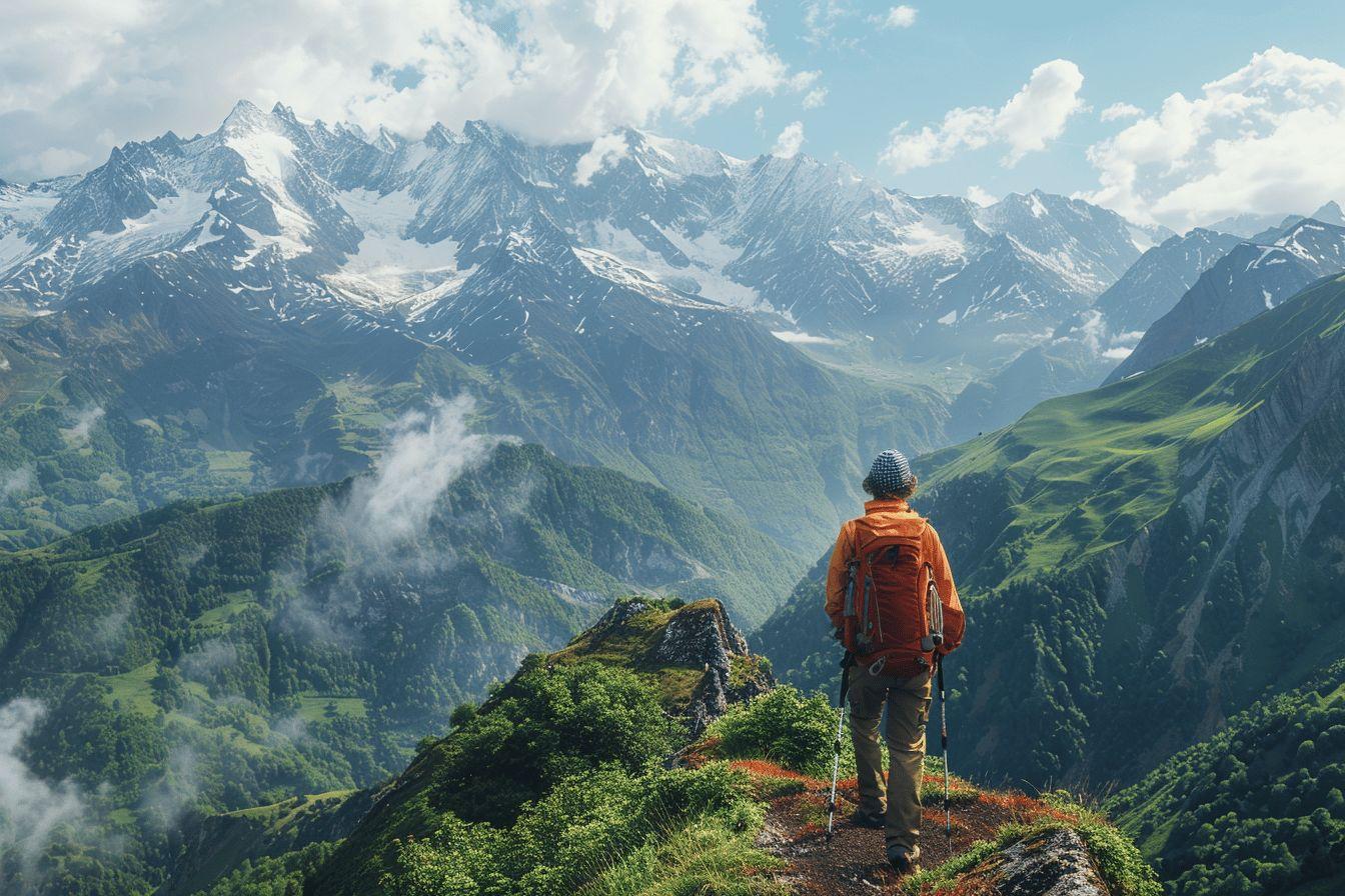 Personne en randonn&eacute;e contemplant un paysage montagneux enneig&eacute;