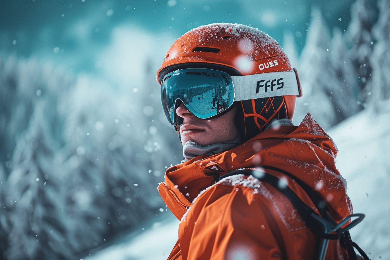 Skieur en orange avec masque, dans une temp&ecirc;te de neige &agrave; l'ext&eacute;rieur