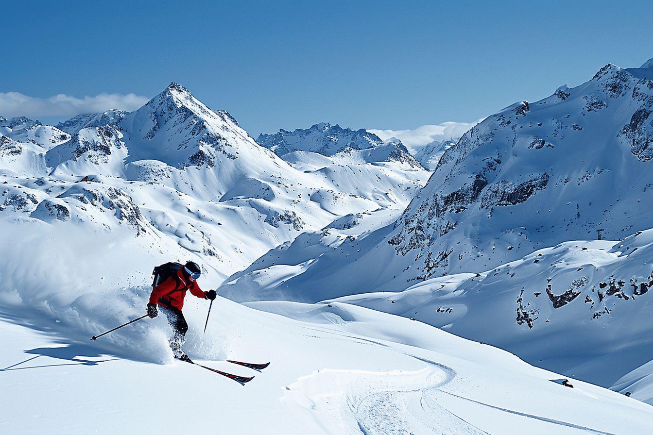 Un skieur en rouge traverse une pente enneig&eacute;e dans un paysage montagneux enneig&eacute;.