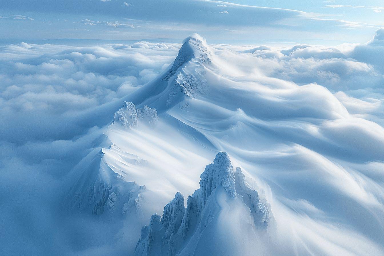 Image a&eacute;rienne de hauts sommets enneig&eacute;s au-dessus des nuages.