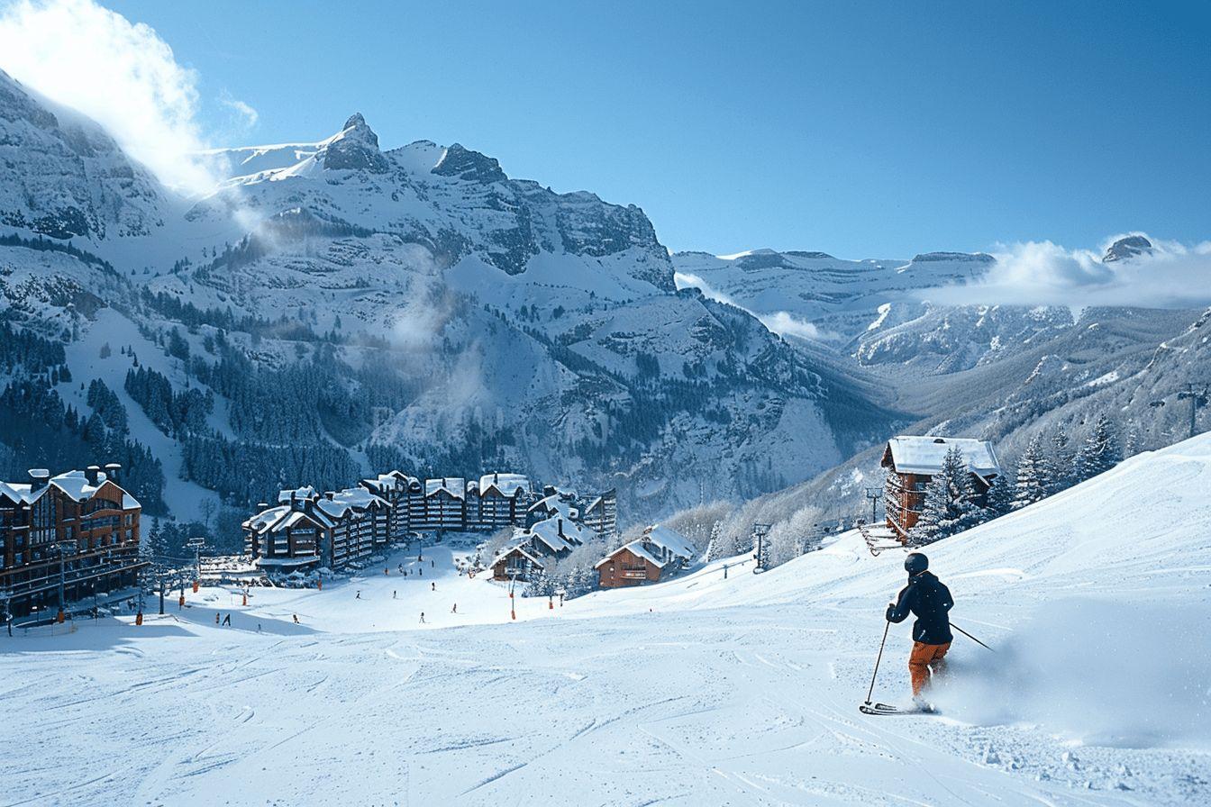 Piste de ski entour&eacute;e de montagnes enneig&eacute;es et de b&acirc;timents en bois