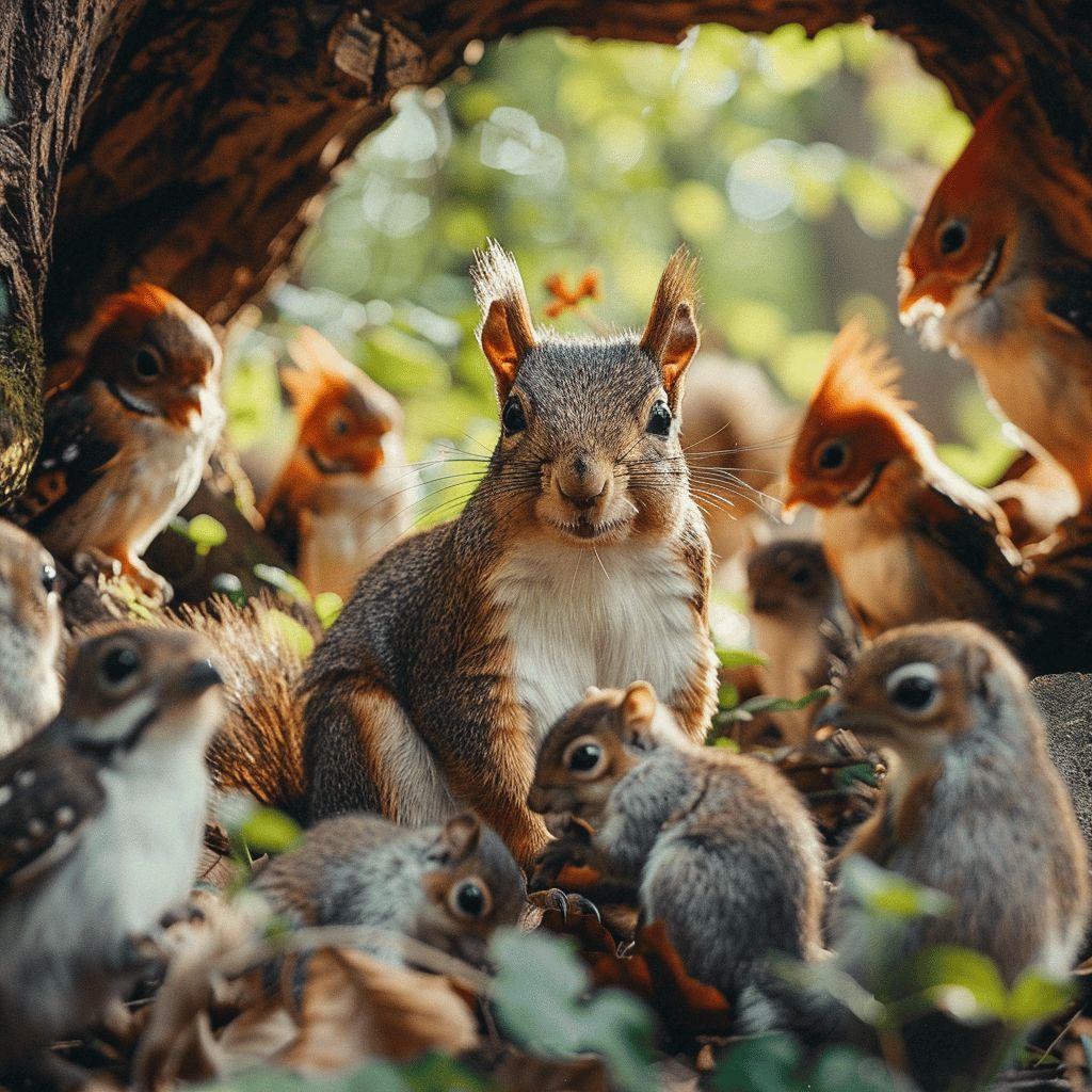 Une famille d'&eacute;cureuils bruns dans un paysage verdoyant.