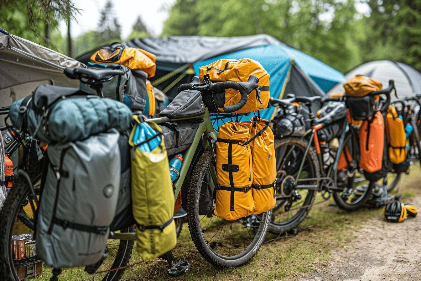V&eacute;los de randonn&eacute;e avec sacs &agrave; dos et tentes dans un environnement forestier