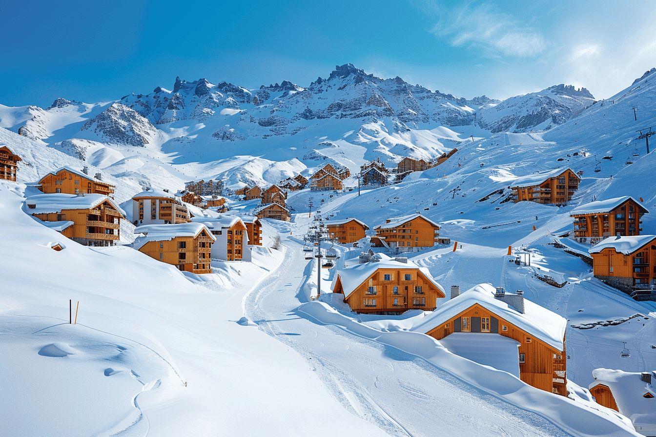 Paysage enneigé avec chalets de montagne et sommets enneigés