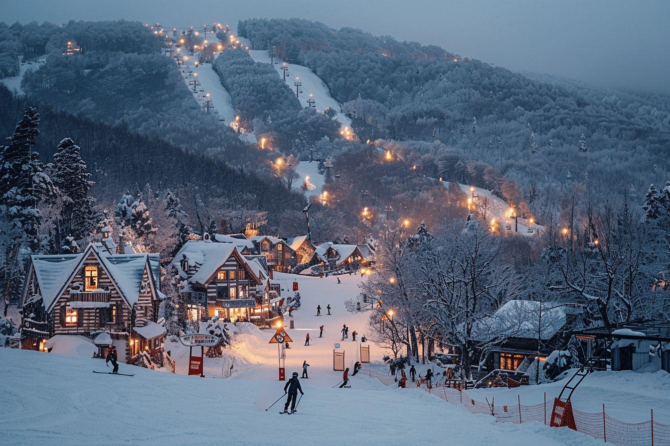 Village pittoresque de montagne enneig&eacute; et illumin&eacute; en hiver