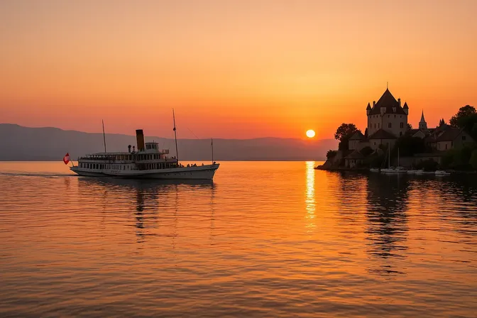 Bateau sur le lac Leman au couché du soleil