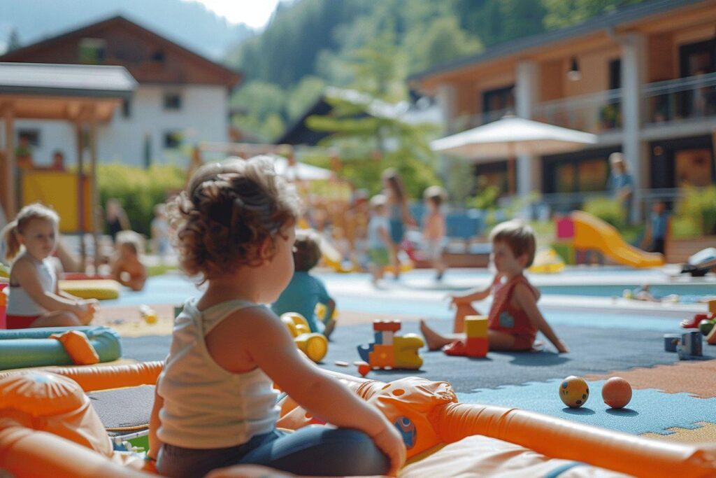 Aire de jeux colorée avec jeunes enfants et jouets