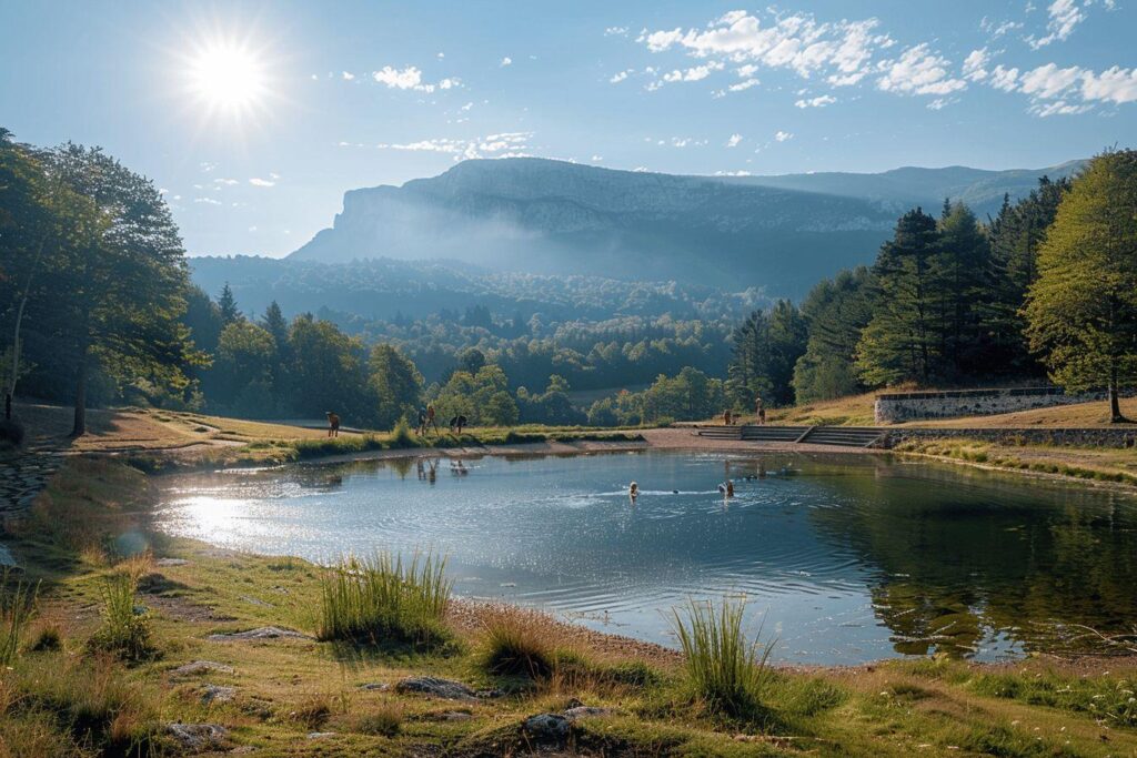 Lac calme entouré de forêts et de montagnes brumeuses