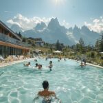 Camping Chamonix avec piscine : séjour au pied du Mont-Blanc dans les Alpes Personnes se baignant dans une piscine avec vue sur les sommets