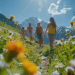 Famille marchant sur un sentier fleuri avec montagnes enneigées