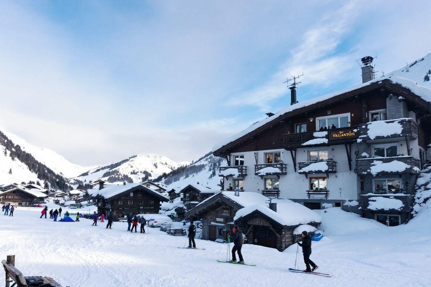 Village de montagne enneigé avec des skieurs sur les pistes.
