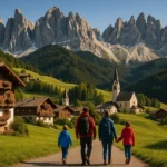 famille en randonnée dans un village des dolomites