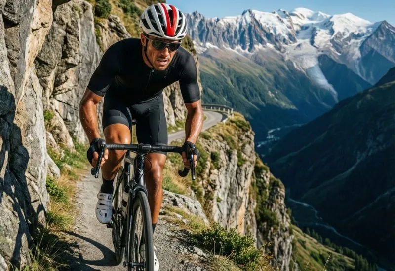 mont&eacute;e du col de Solaison en v&eacute;lo de route avec forte pente et panorama sur la vall&eacute;e de l&rsquo;Arve
