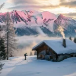 Le plateau Solaison : Mon refuge entre montagne et aventure chalet d’alpage sous la neige au plateau de Solaison avec skieur nordique et vue sur le massif du Mont Blanc au lever du soleil