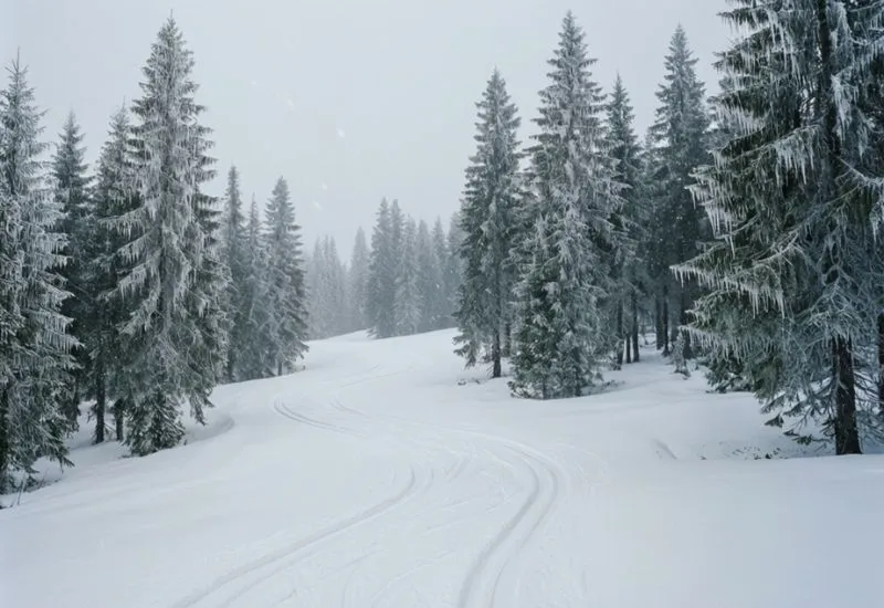 piste de ski de fond dans la for&ecirc;t enneig&eacute;e du plateau de Solaison en hiver ambiance calme et nature pr&eacute;serv&eacute;e

