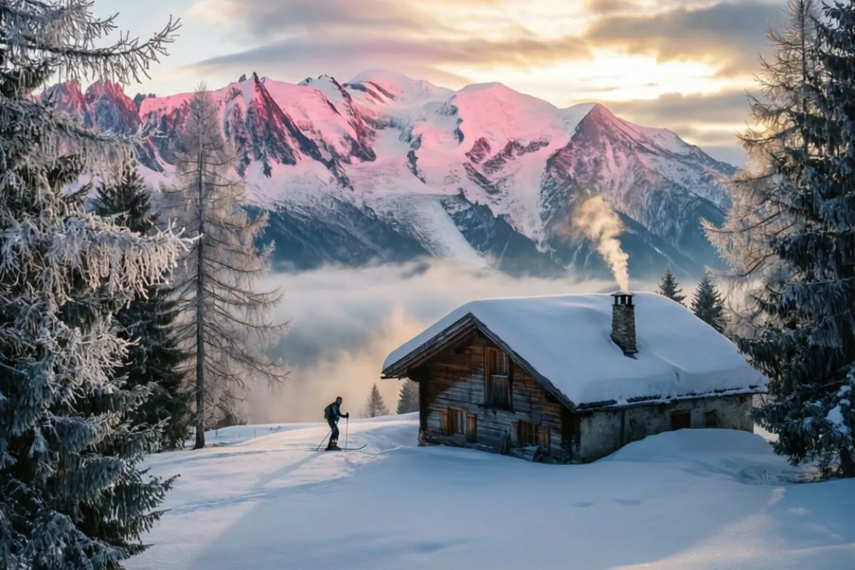 chalet d’alpage sous la neige au plateau de Solaison avec skieur nordique et vue sur le massif du Mont Blanc au lever du soleil