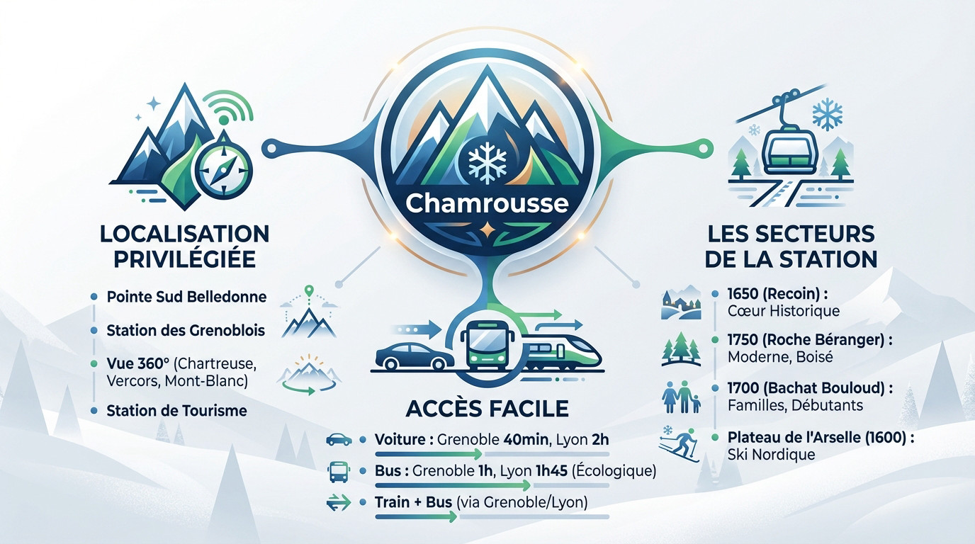 Carte de localisation et acc&egrave;s aux diff&eacute;rents secteurs de Chamrousse