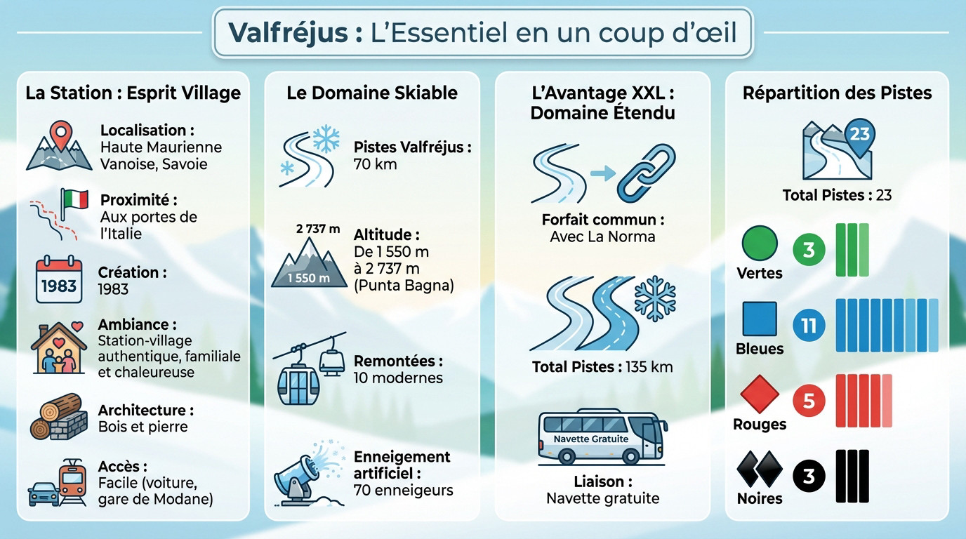 Vue d'ensemble de la station de Valfr&eacute;jus et ses pistes ensoleill&eacute;es