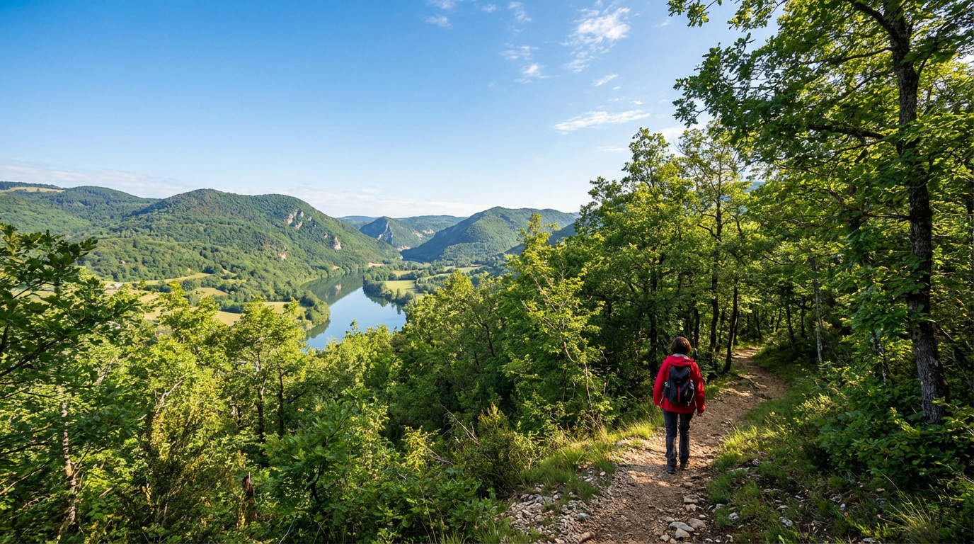 Femme en veste rouge marchant sur un sentier forestier. Vue sur une rivière sinueuse et des montagnes boisées sous un ciel bleu.