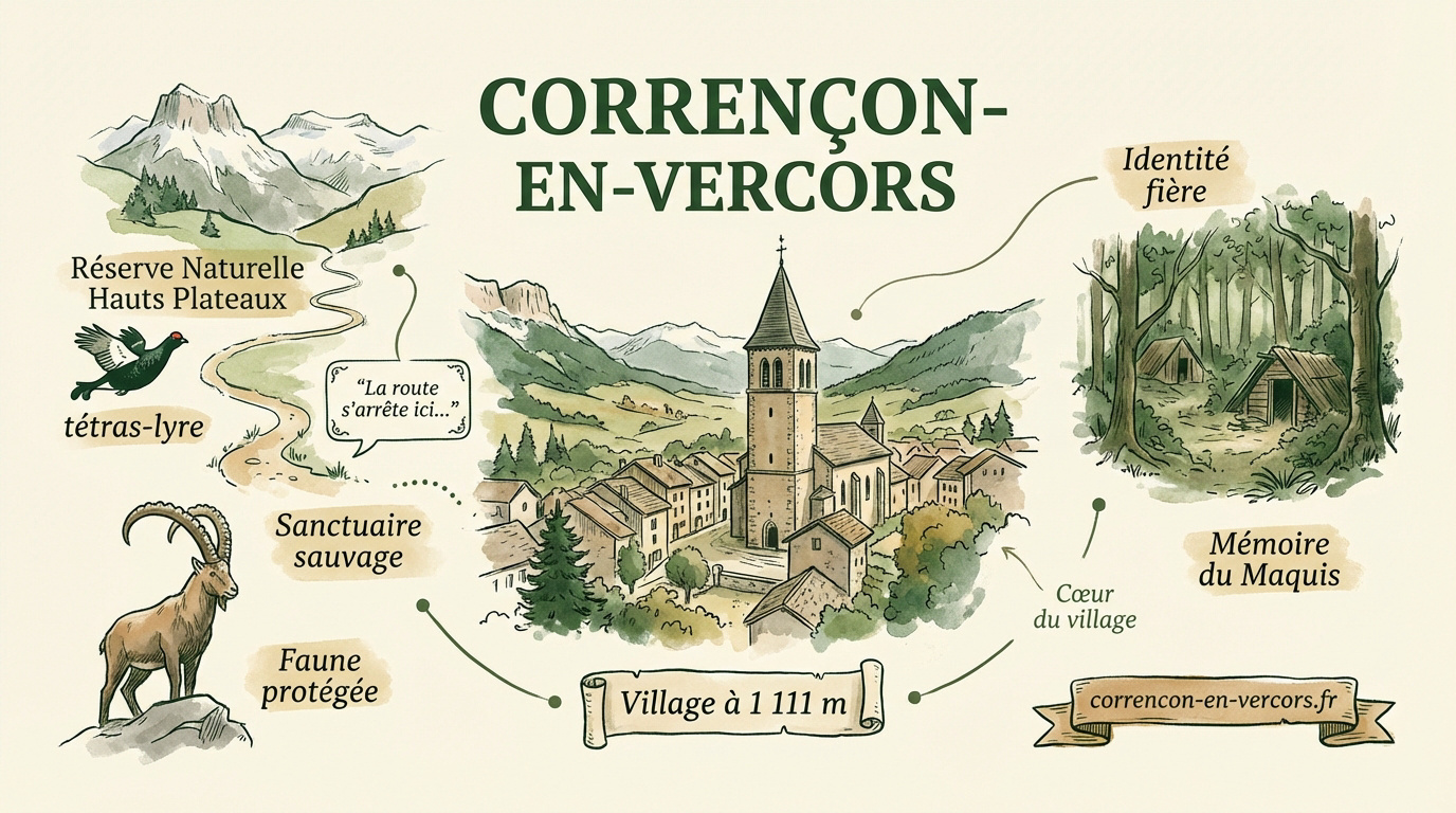 Vue sur la nature sauvage et le village de Corren&ccedil;on-en-Vercors