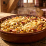 Croziflette fumante et dorée dans un plat en terre cuite sur une table en bois rustique, avec un intérieur de chalet en arrière-plan.