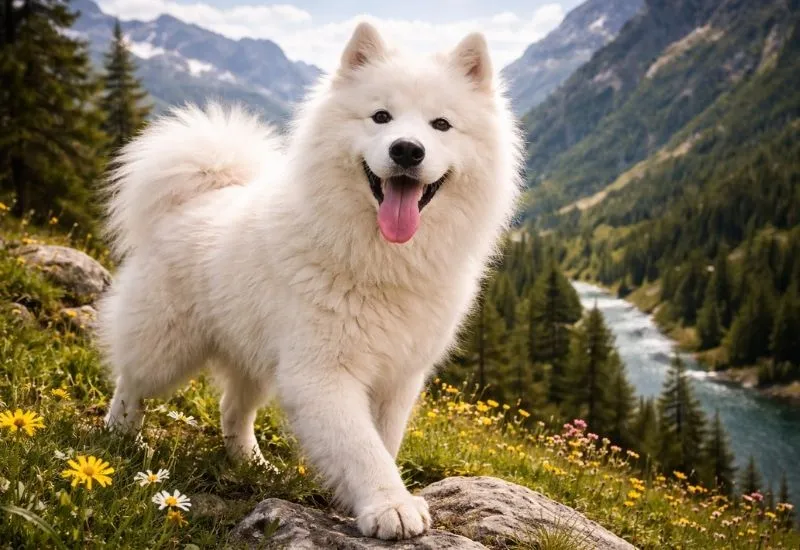 Chien Samoy&egrave;de sur une colline fleurie