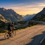 Cycliste sur la route sinueuse du Col du Portet au coucher du soleil, entouré de montagnes pyrénéennes escarpées.