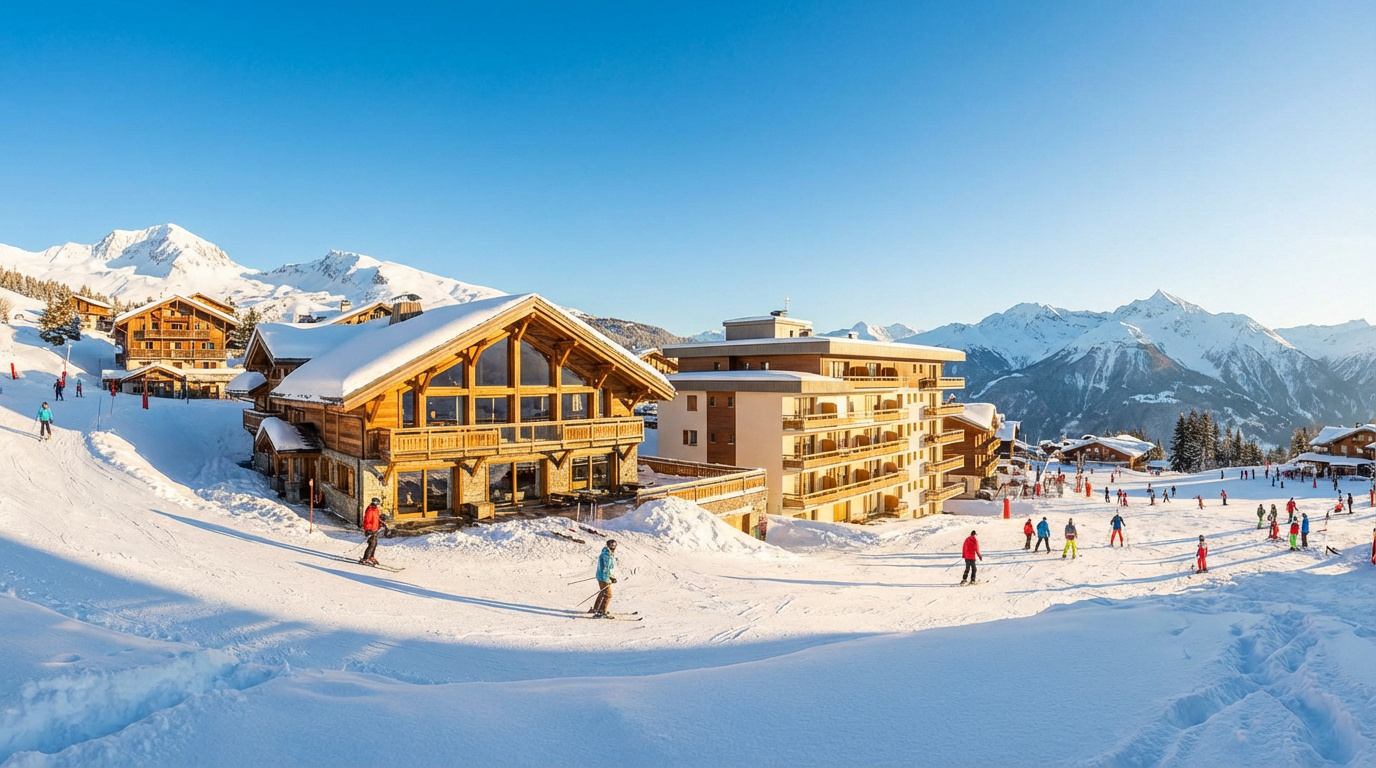 Vue panoramique de la station de ski La Rosière avec skieurs, chalets en bois, résidences modernes et montagnes enneigées sous ciel bleu.