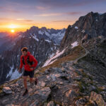 Tout savoir sur l'ultra trail mont blanc pour 2026 Un traileur sur un sentier de crête rocheux au lever du soleil, face à un panorama montagneux enneigé incluant le Mont Blanc.