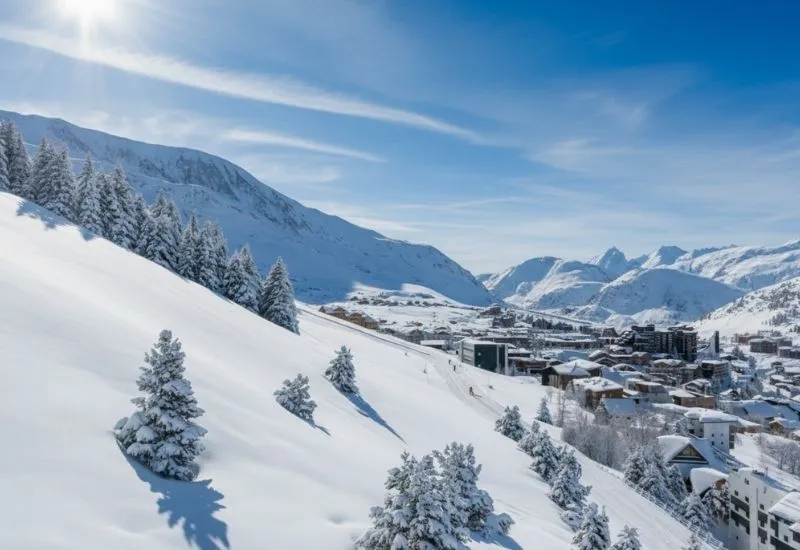 Paysage des alpes d'huez enneigé et ensoleillé
