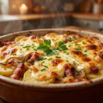 Réussir sa recette tartiflette : les secrets du Reblochon Plat de tartiflette fumante et dorée dans un plat en terre cuite, avec du Reblochon fondu, pommes de terre, lardons et ciboulette.