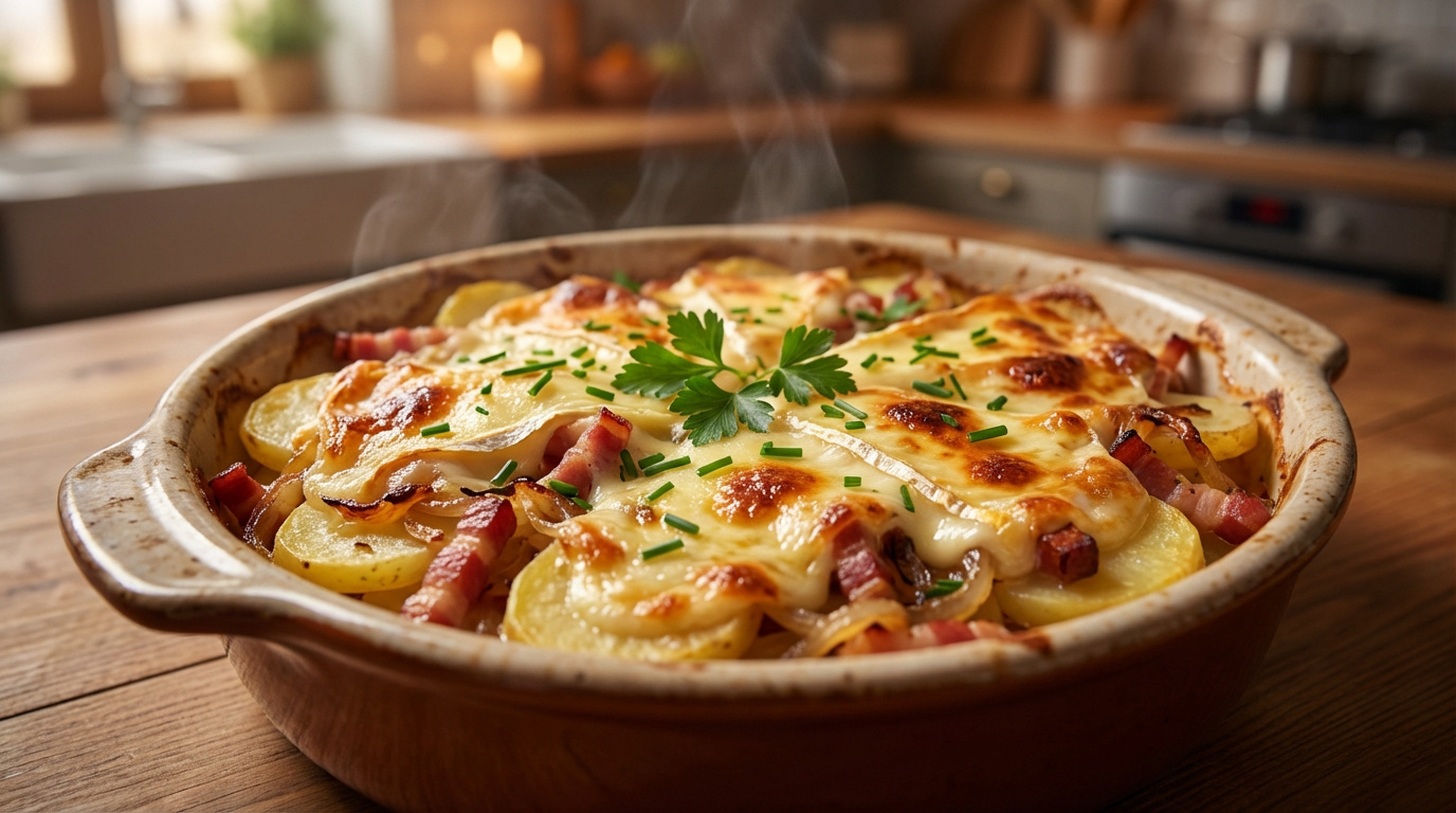 Plat de tartiflette fumante et dorée dans un plat en terre cuite, avec du Reblochon fondu, pommes de terre, lardons et ciboulette.