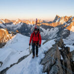 Alpiniste en rouge avec skis sur le dos, progressant sur une arête rocheuse et enneigée de montagnes baignées de lumière dorée.