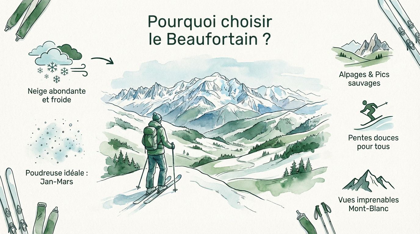 Skieur de randonn&eacute;e face au panorama enneig&eacute; du Beaufortain