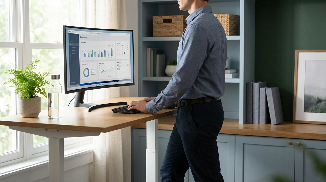 Un homme travaille debout à un bureau réglable en bois, utilisant un clavier et un grand écran d'ordinateur dans un environnement de bureau lumineux.